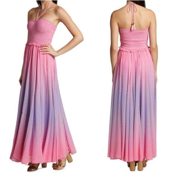 ROCOCO SAND Ombré Halter Maxi Dress Size Large Pink Purple Gold Dots - Picture 15 of 16